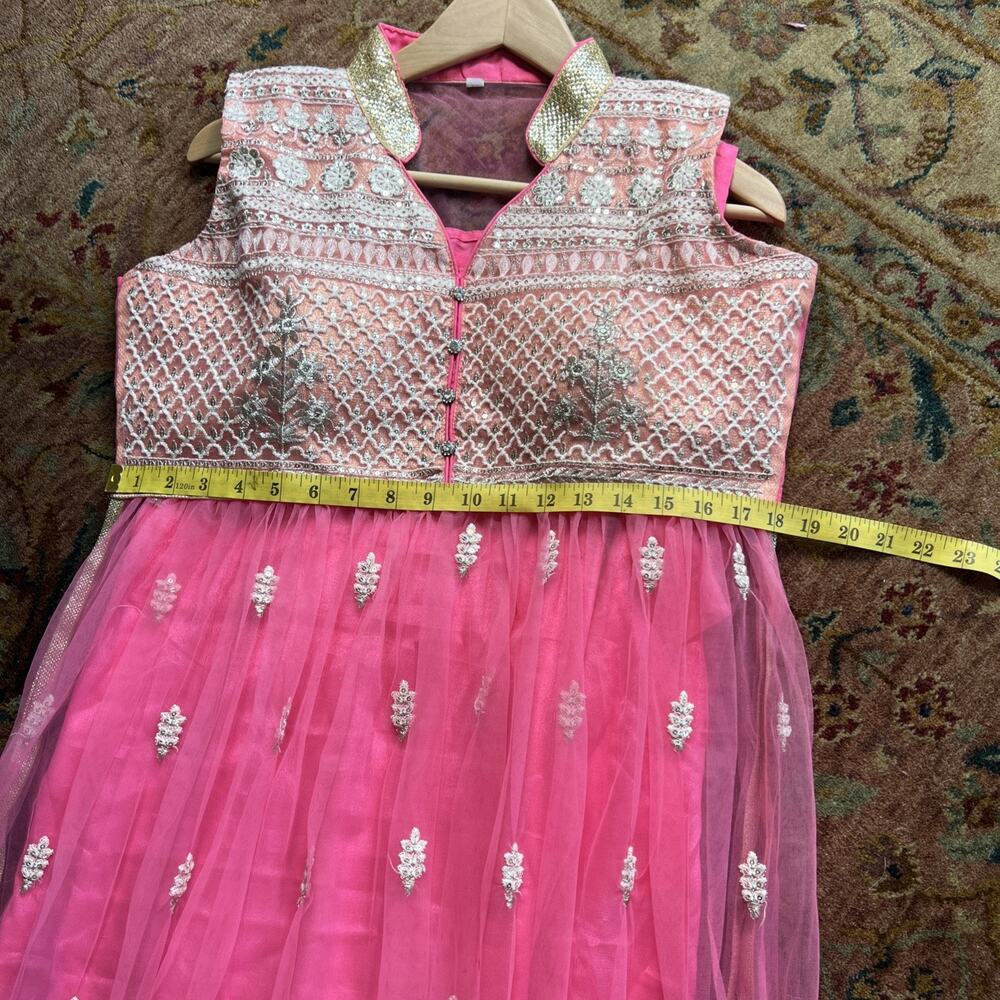 Boutique Embroidered Net Anarkali Gown XL Vibrant Pink/Gold Wedding Guest Dress - Picture 11 of 13